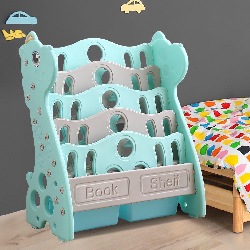 BoPeep Kids Bookshelf featuring a vibrant giraffe design with four deep shelves for children's books, made from safe polyethylene material.
